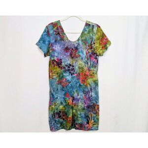 Vintage 90s Tropical Tantrum L Beaded Midi Dress Batik Tie Dye Multicolor Floral